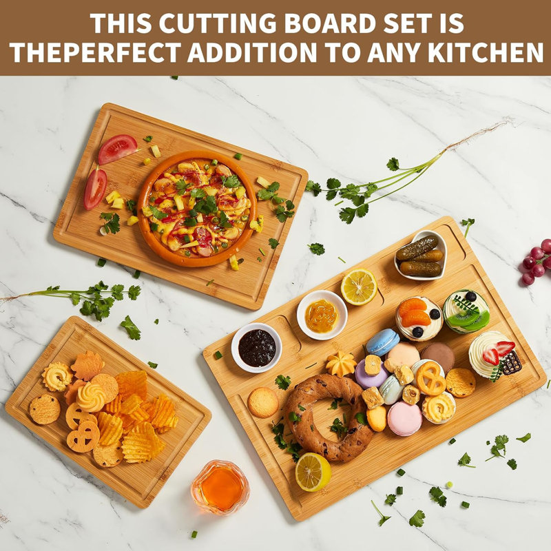 3-pieces Wood Bamboo Cutting Board Set 0.6'' Thickness