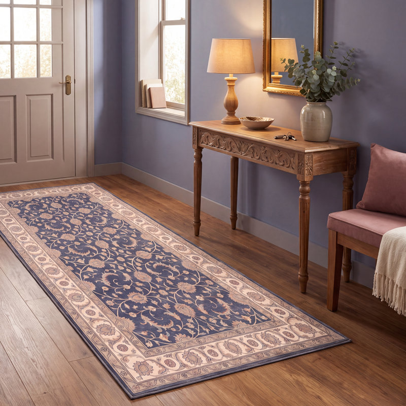 Tapis damassé traditionnel à motif floral intégral, couleur marine, ivoire, or, vert et rose, lavable à la machine, antidérapant, à poils courts, pour l'intérieur et l'extérieur, adapté aux animaux de compagnie, idéal pour le salon, la chambre, la salle à manger, l'entrée, le couloir ou le bureau.