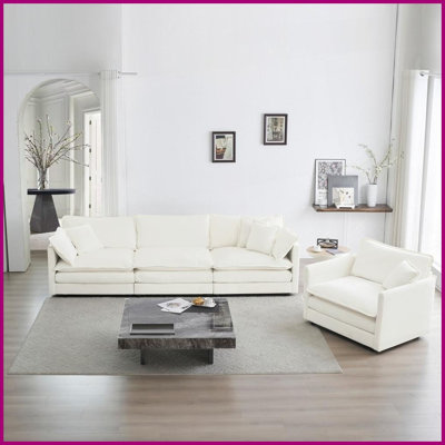 Modern Chenille 3-Piece Sofa Set, 1+3 Seat Deep Upholstered Couch with Solid Wood Frame for Living Room Apartment, White
