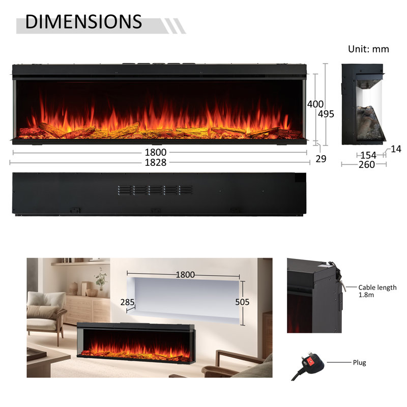 FLAMME Knighton Platinum Smart Inset Media Wall Electric Fireplace 1-2-3 sided View Compatible with Alexa Deep Fuel Bed Perfect for Media Wall