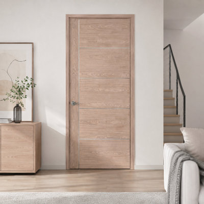 Walnut Flush Interior Door Slab with Aluminum Strips, Engineered Wood Veneer, Modern Design