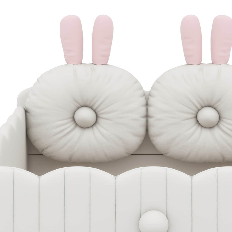 Lit simple au sol en velours Montessori avec 2 coussins rembourrés, barrières de sécurité et lit plateforme, Beige