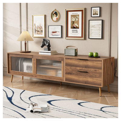 Modern 75" TV Stand with Glass Doors, 2 Drawers & Storage Cabinet