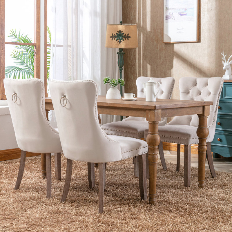 Chaises de salle à manger modernes en velours haut de gamme avec structure en bois massif et rivets décoratifs, beige, 2 pièces