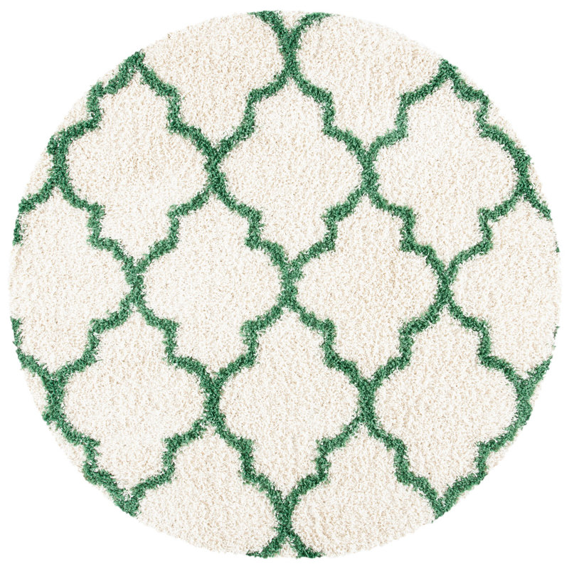 Tapis à motif géométrique ivoire / vert Suez, Rond 6 pi 7 po