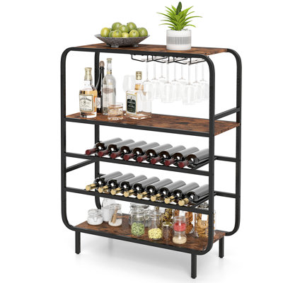  16 Bottle Wine Rack W/ Glass Holders Metal Frame Storage Shelf For Kitchen