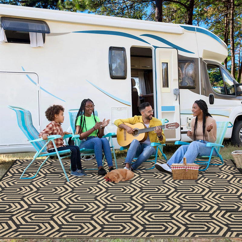 Reversible & Collapsible Outdoor Plastic Area Rug - Modern Abstract Low-Pile Carpet, Mark Resistant, Easy Clean for Patio, Camping, Picnic, RV