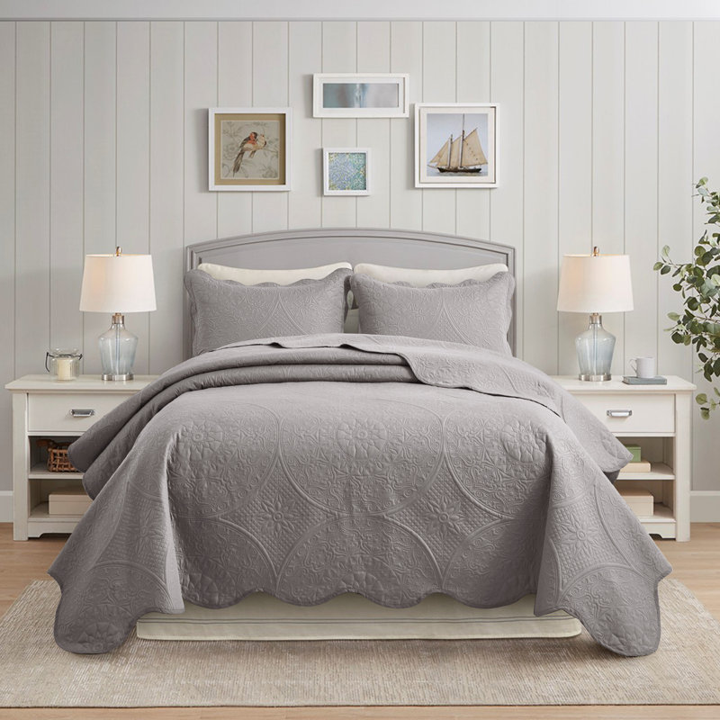 Ensemble de couvre-lit à motif floral en microfibre - Literie matelassée douce, légère et infroissable, Argent argent