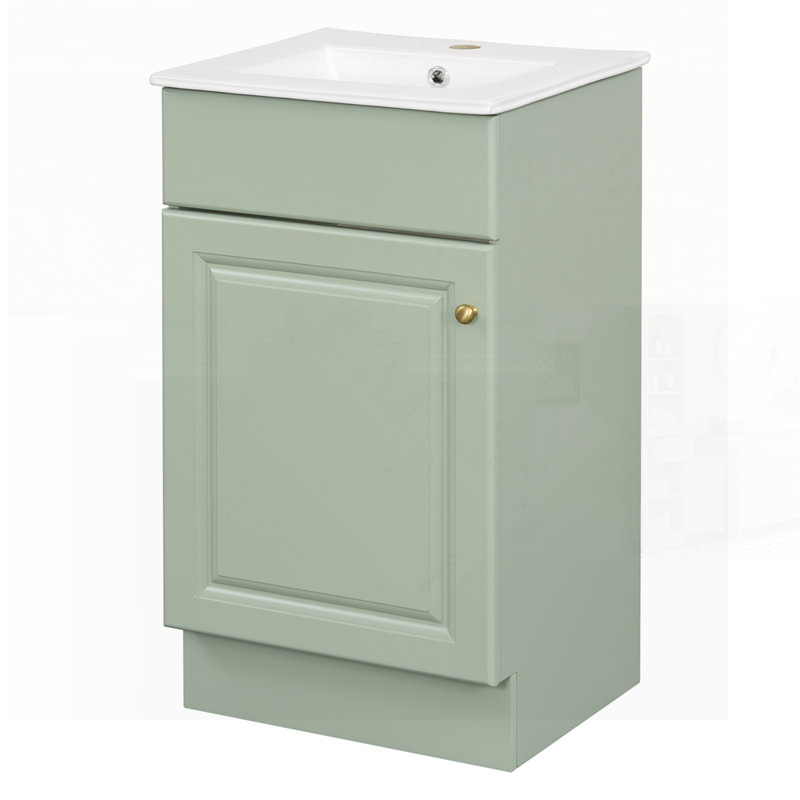 Meuble-lavabo vert clair avec lavabo, tablette d'armoire et tablette intérieure réglable pour un rangement efficace
