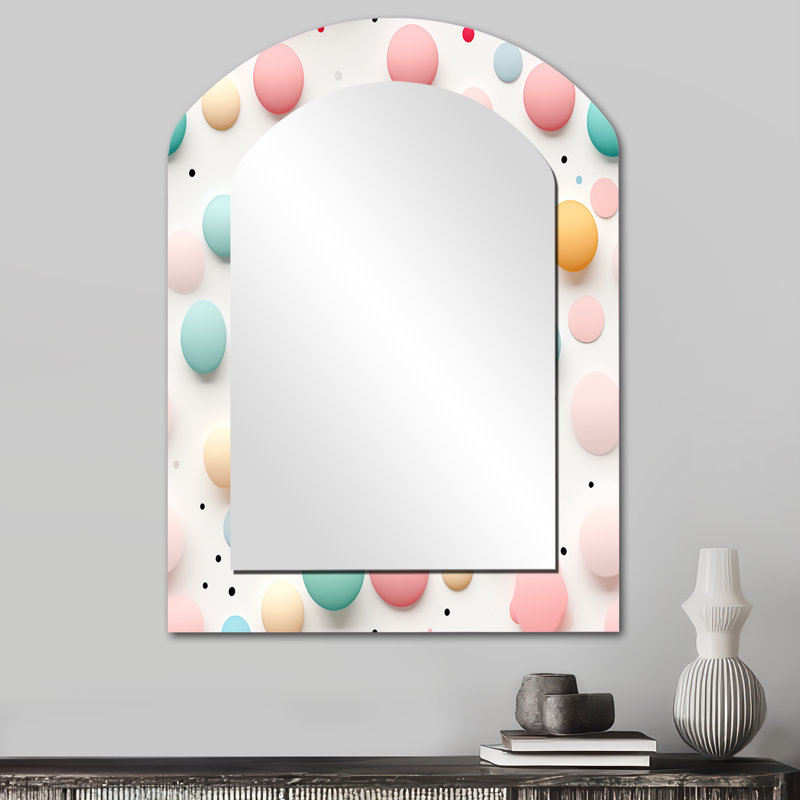 «Blue and Pink Funky Polka Dot Delights», miroir décoratif arqué rétro, miroir mural asymétrique bleu, impression sur métal