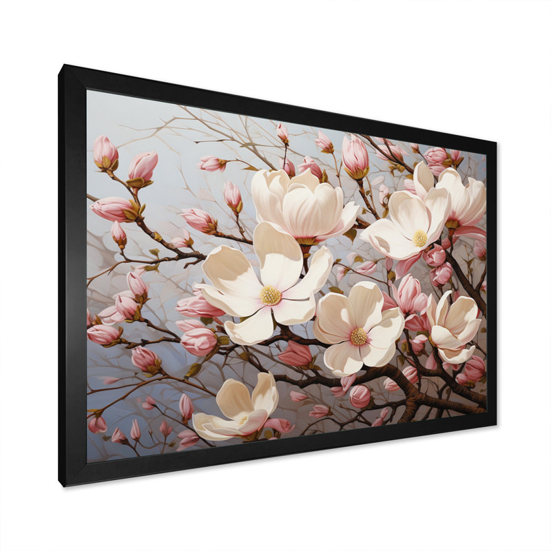 Blanc, rose, magnolia Magnolia Symphony I - art sur toile Magnolias, H 34 po x l 44 po x P 1,5 po, Cadre simple noir