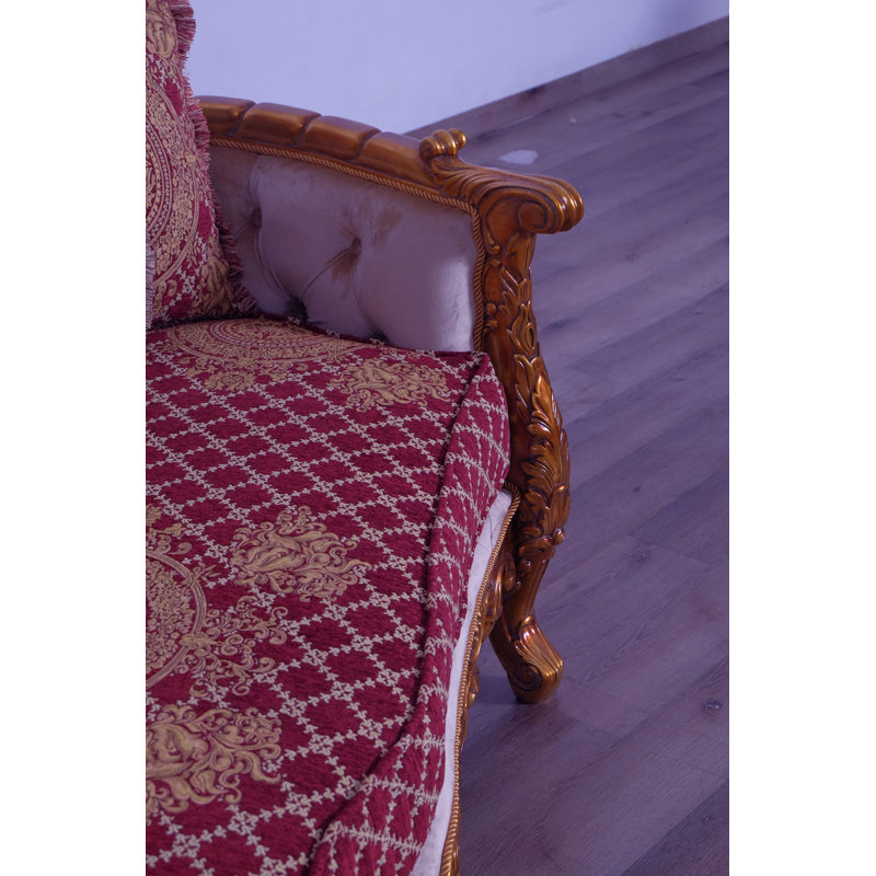 3 Piece Modigliani Sofa Red Gold Fabric, Red Burgundy/Gold