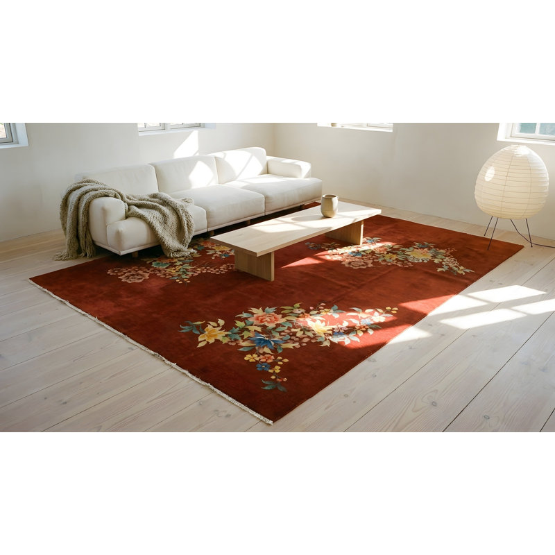 Rectangle Room Size 1930s Coral Knotted Chinese - Art Deco Antique Wool Rug