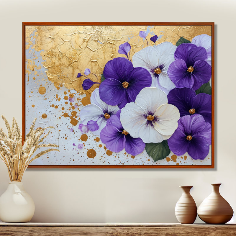 «Golden Harmony Of Violets Flowers II - Violets», reproduction d'art murale, H 34 po x l 44 po, Brun