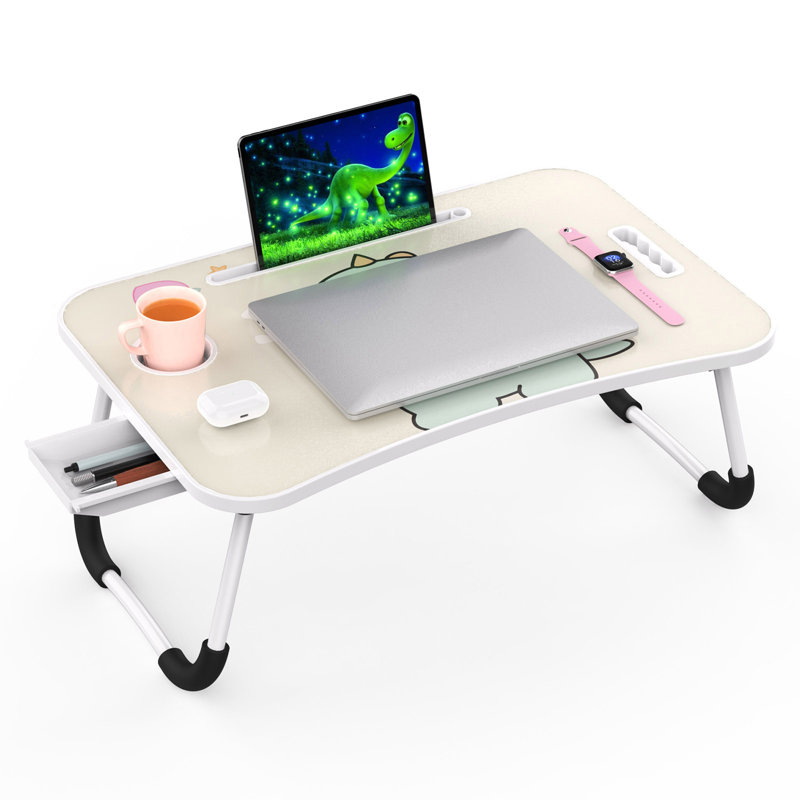 Black Foldable Laptop Table With Cup Holder, Tablet Slot & Handle – Portable Bed Tray Desk For Work, Study, Drawing & Eating