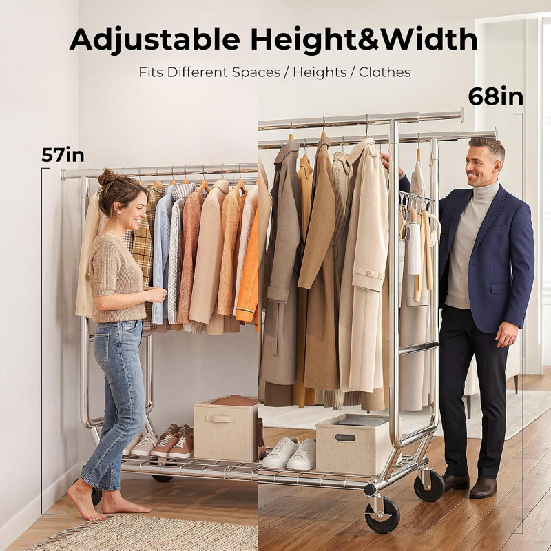  Portant à vêtements robuste de 680 lb avec tablettes Portant à vêtements de qualité commerciale sur roulettes, Argent