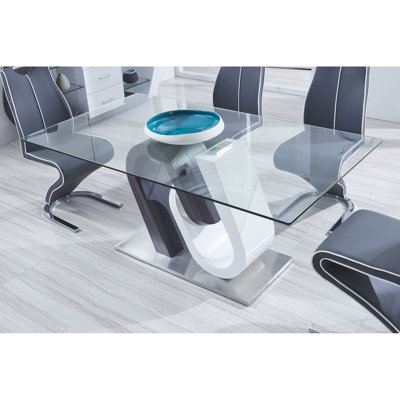 Table de salle à manger avec finition grise et blanche, base en acier inoxydable, conception géométrique, accents polis, 40,38 de large, 29,26 de haut, 213,4 lb de profondeur, de largeur, de hauteur,