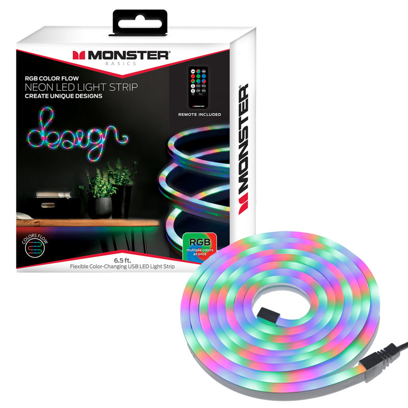 Bande néon-DEL 6,5 pi RVB à flux coloré, matériau en PVC durable, débit et réglages du flash