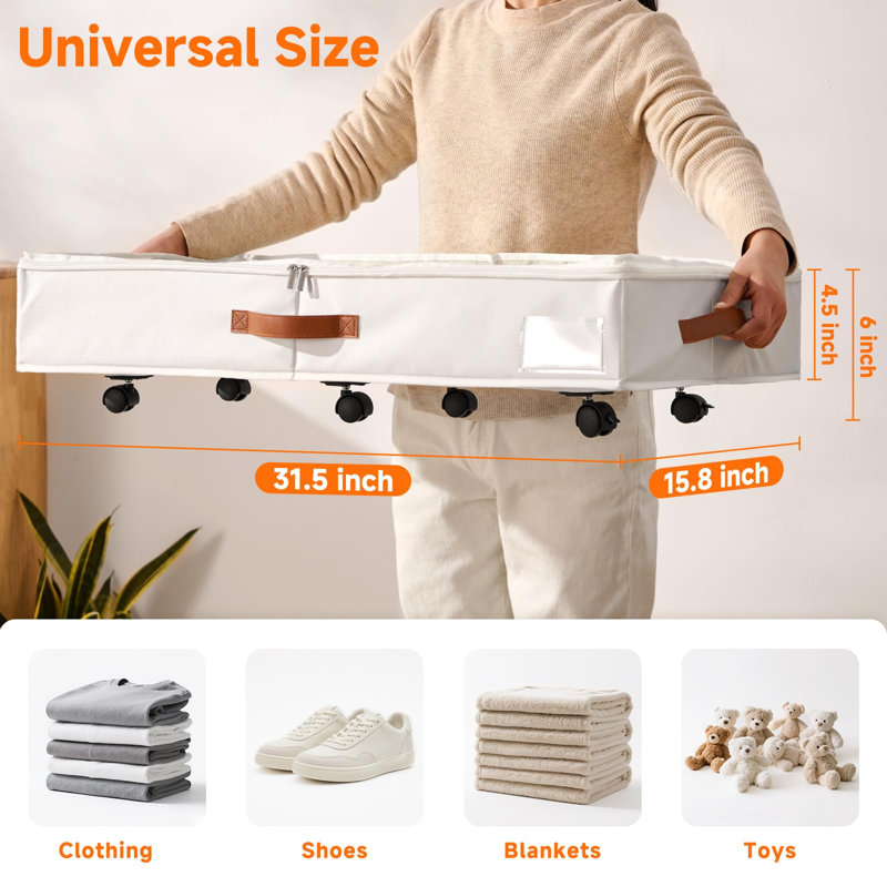 6 Inches Under Bed Storage With Wheels Pack Of 2, Underbed Shoe Storage Container Bin With Clear Lid Cover, Rolling Under Bed Drawer Bag Basket, White