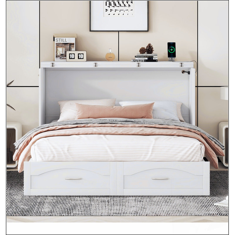 Grand lit escamotable mural avec tiroir et un ensemble de prises et de ports USB, structure à poulie