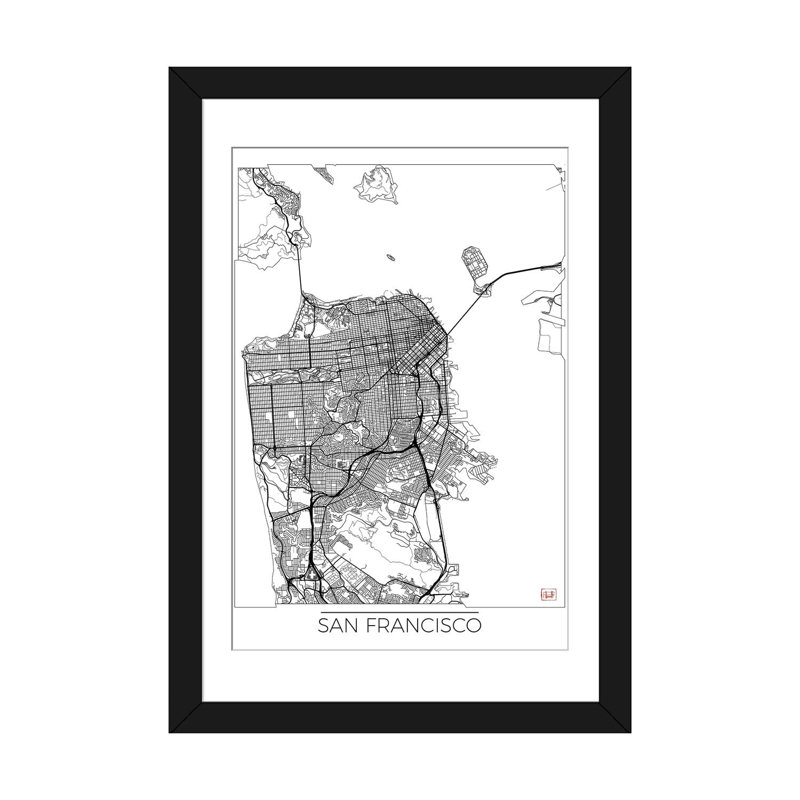 «San Francisco Minimal Urban Blueprint Map», impression sur toile, H 24 po x l 16 po x P 1 po, Papier d'art encadré noir