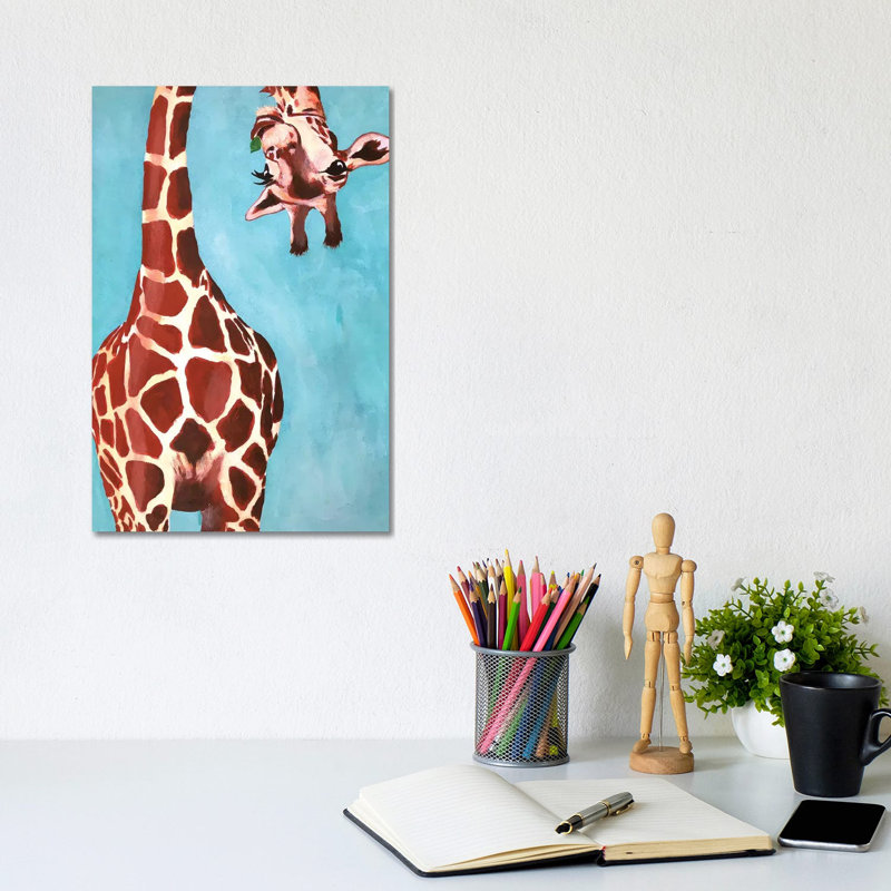 Giraffes with Green Leaf by Coco de Paris - 1 Piece Wrapped Canvas Painting, 20.32 cm H x 30.48 cm W