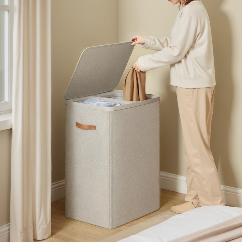 44.9 Gal Double Hamper With Lid, Dual Compartments, Removable Bags And Handles, Quick-Assembly Laundry Basket, Beige