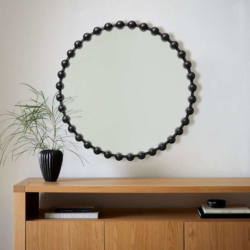 Metal-Framed Beaded Wall Mirror ,Circular Accent Mirror in Black., 27" x 27", Black