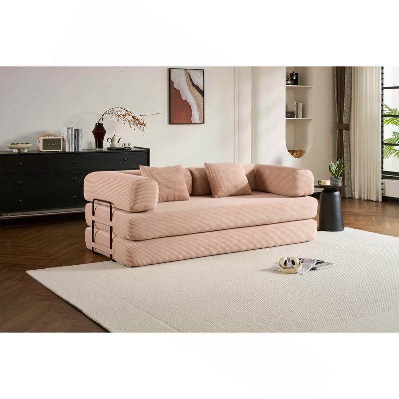 Canapé-lit convertible avec coussin cylindrique, canapé-lit pliant en velours côtelé avec cadre de forme fixe, canapé-lit de salon pour la chambre à coucher (rose)