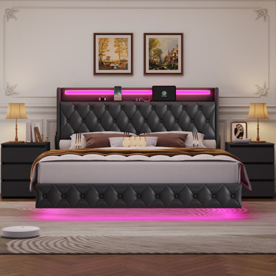 Ensemble de chambre à coucher 3 pièces, lit flottant avec port de charge