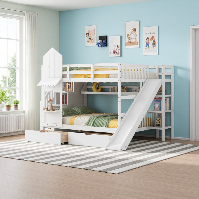 Lit superposé double de style château avec 2 tiroirs et 3 glissières, Blanc