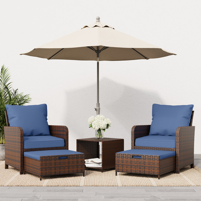 Idamarie Wicker Conversation Set with Ottoman, Blue, Brown