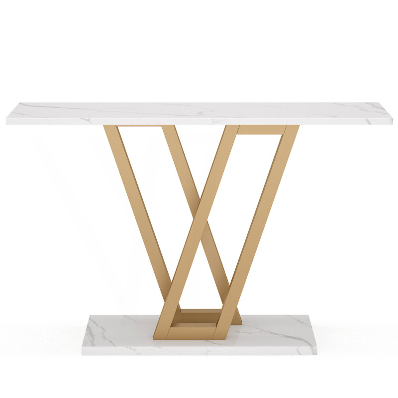 Modern Console Table With Faux Marble Top, Behind Couch Table, Marble White/Gold