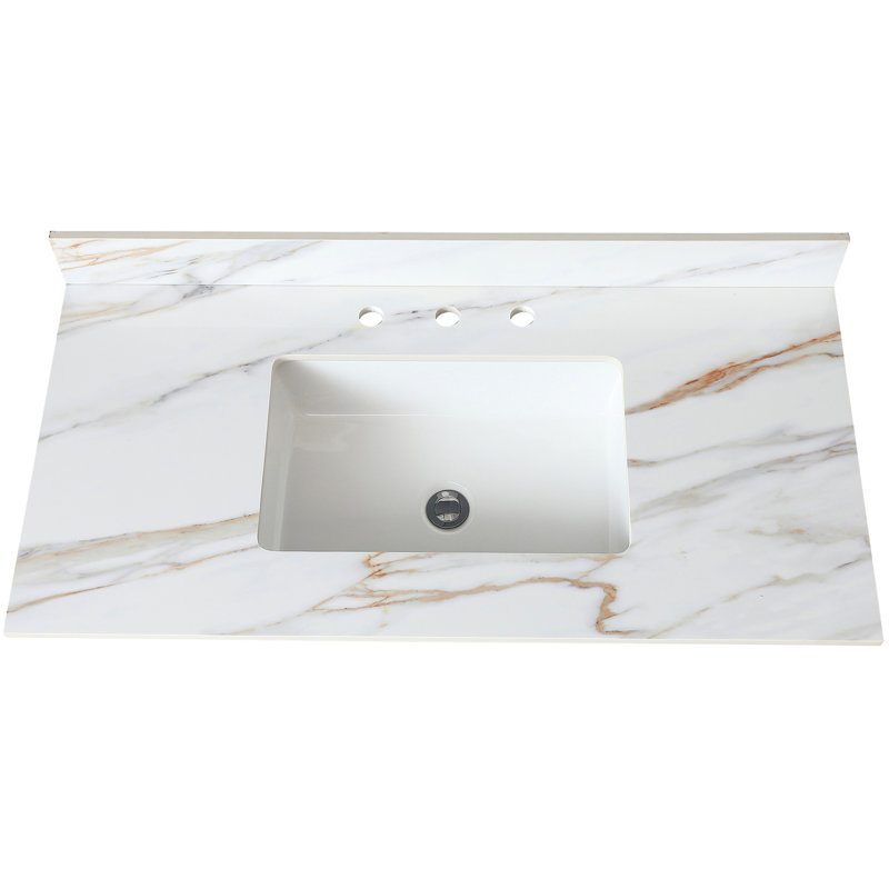 Dessus de meuble-lavabo blanc 43 po - avec lavabo rectangulaire en céramique, texture de meuble-lavabo 43 po et dosseret de 4 po, 8 trous de robinet, pierre frittée, conception American Bath
