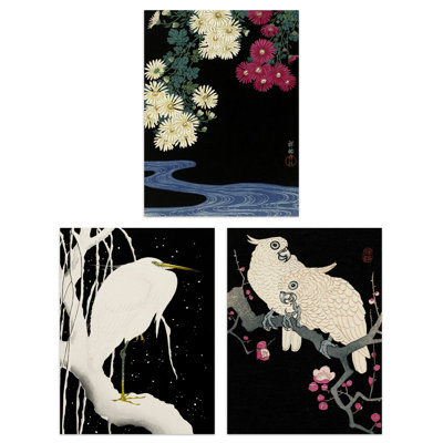 Adayla Kacho-e Bird Flower Heron Cockatoo Paintings Art - 3 Piece No Frame Print