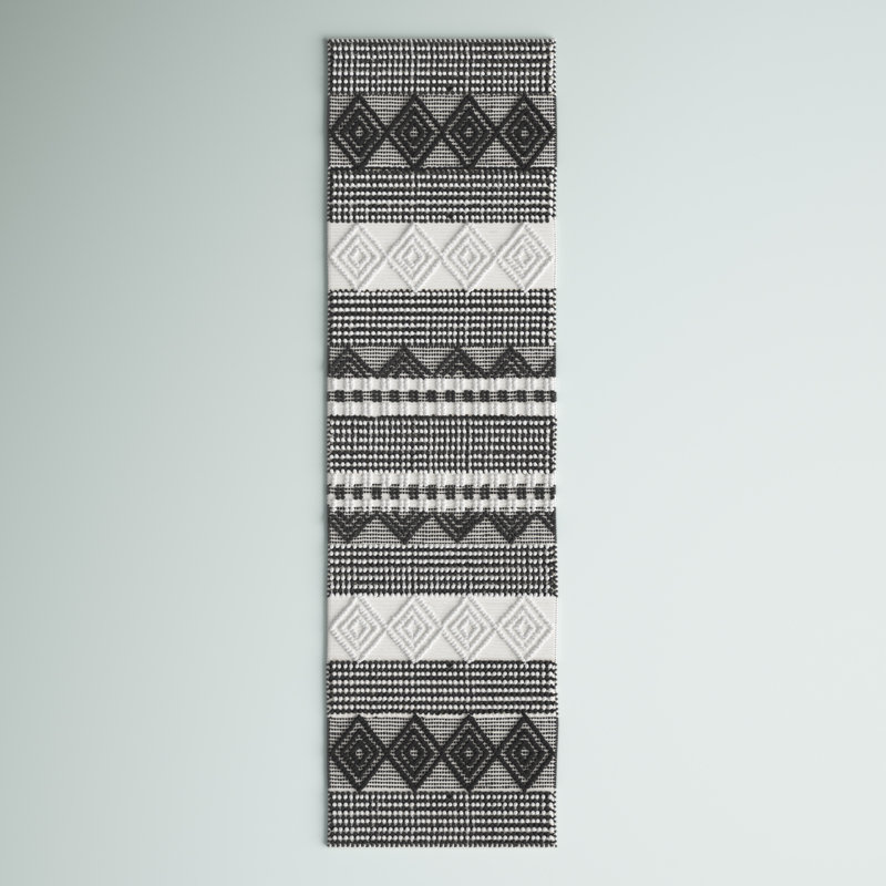 Tapis rayé en laine / coton ivoire / noir Stimpson, Tapis de couloir 2 pi 3 po x 8 pi