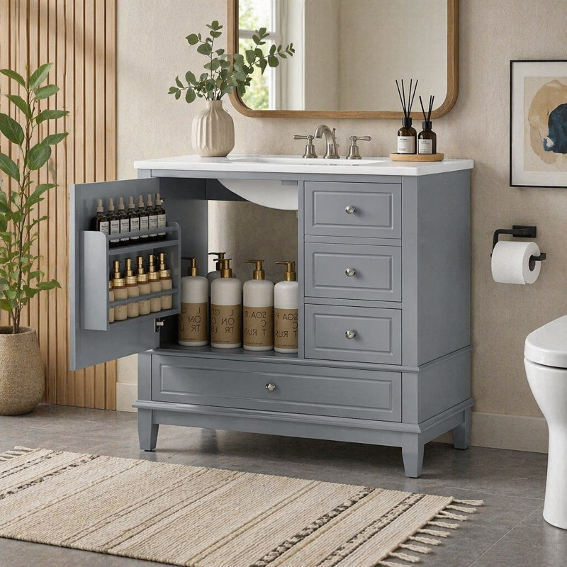 Bathroom Vanity With Sink And Drawers,   Freestanding Vanity Cabinet With Ceramic Top And Storage Shelves, MDF And Solid Wood Base, Modern Sink Cabinet For Small Bathrooms