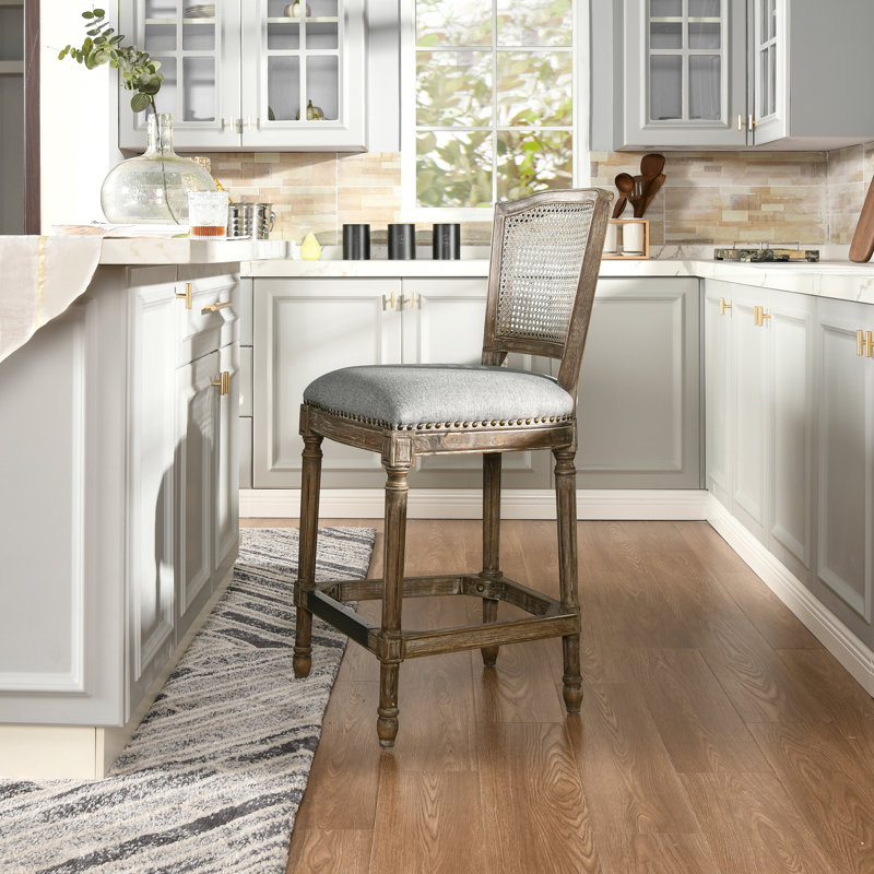 Roquefort Upholstered Linen Blend Counter Stool with Solid Wood Frame, Heathered Gray Linen