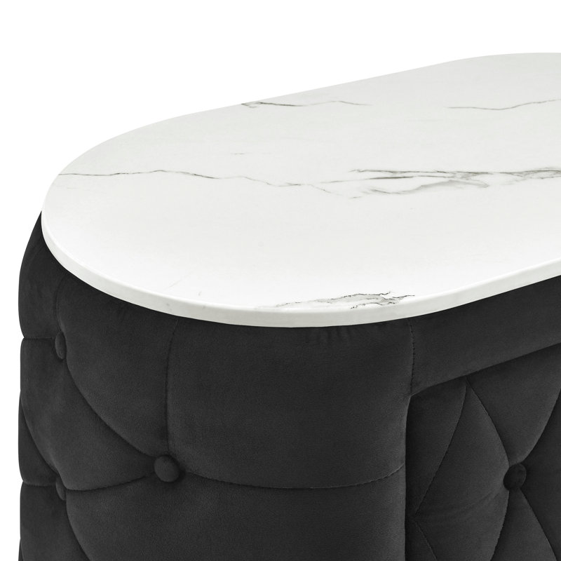 Chic table de chevet ovale noire avec surface en faux marbre, design à boutons et poignées de tiroir exquises, plateau moderne, tissu scintillant à deux tiroirs