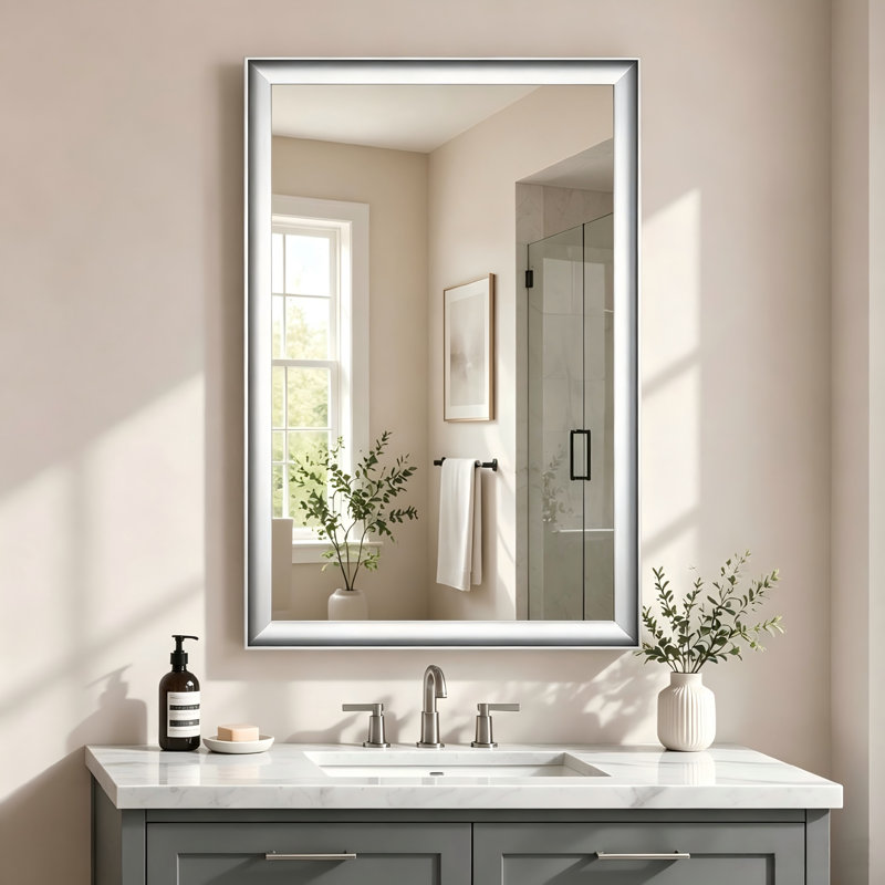 Miroir de salle de bain 24 po x 36 po avec cadre en nickel brossé et miroir de meuble-lavabo mural en verre trempé HD