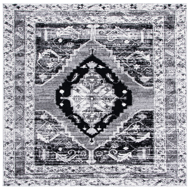 Tapis gris / noir Southwestern, Carré 6 pi 7 po