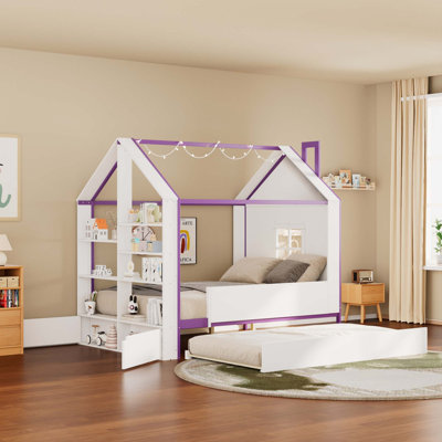 Whimsical House Bed Frame with LED Lights Storage Shelves and Pull-Out Trundle
