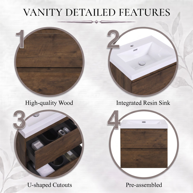 24" Floating Wall‑Mount Bathroom Vanity, Wood Melamine Cabinet with Resin & Calcium Carbonate Integrated Sink, Walnut