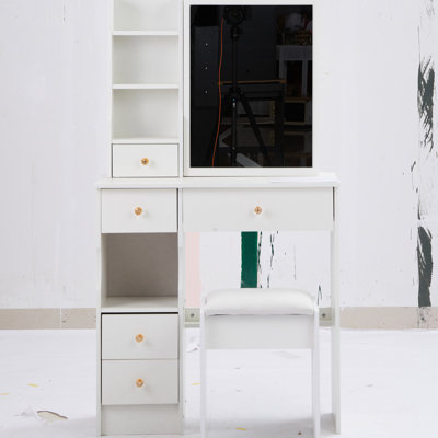 29.2" Depth White Vanity Table With Left Drawer, Right Sliding Mirror, Multi - Layer Storage And Cushioned Stool In American Design For Small Bedrooms Space Extra Large