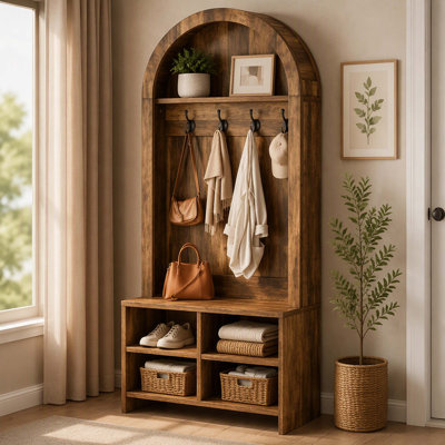 Arbre d'entrée rustique à sommet arqué avec crochets à manteau, casiers de rangement pour chaussures et banc d'entrée, armoire de rangement en MDF pour vestibule