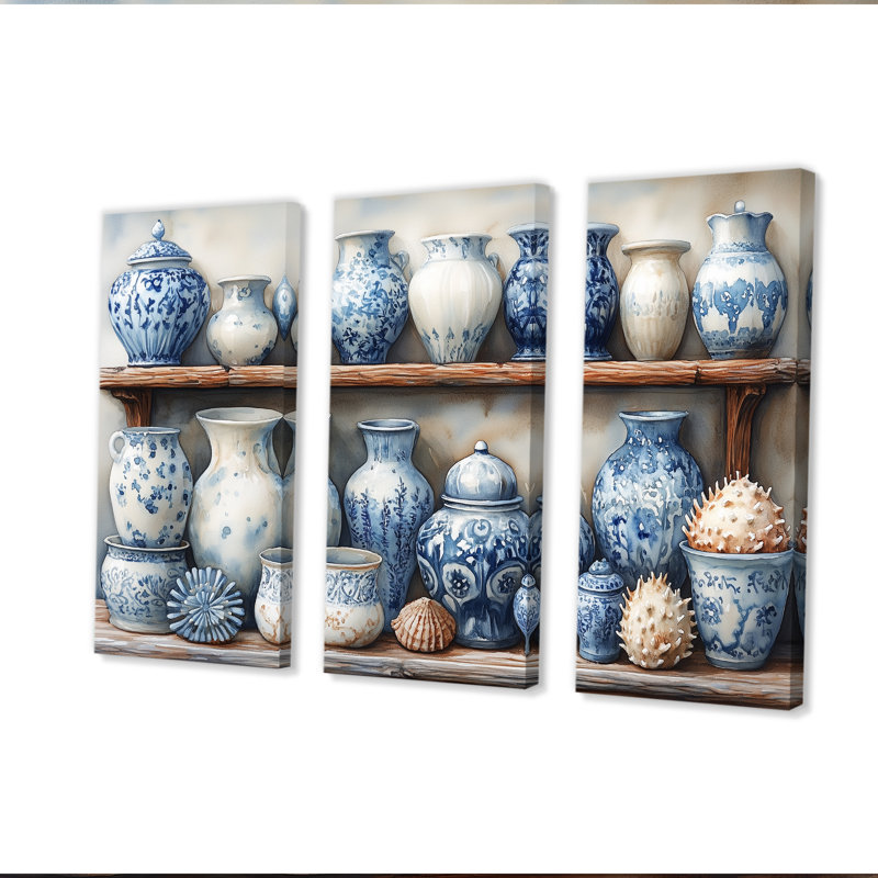 Poterie en tons de bleu et blanc I - ensemble d'art mural de poterie côtière, Toile tendue, H 40 po x l 60 po x P 1 po