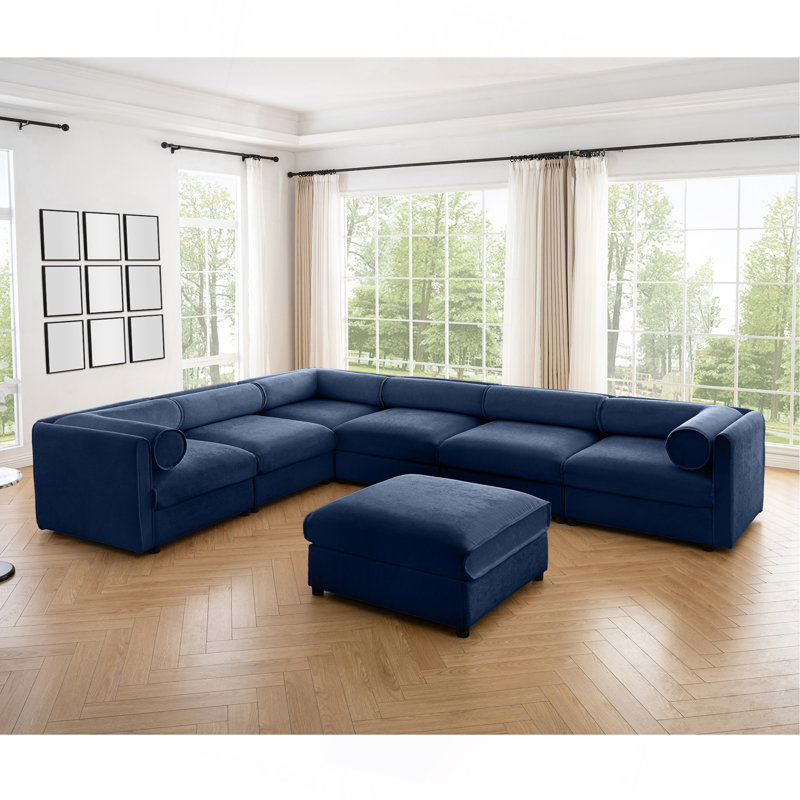 Grand canapé modulaire modulaire avec rangement Canapé modulaire en chenille pour le salon, dossier cylindrique et accoudoirs 6 places, bleu