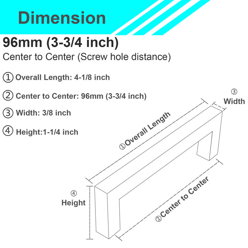 Classica Collection Square Handle Pull - 3-3/4" Center to Center Cabinet Pull Brushed Nickel - Contemporary Hardware for Drawers & Cabinets - 25 Pack