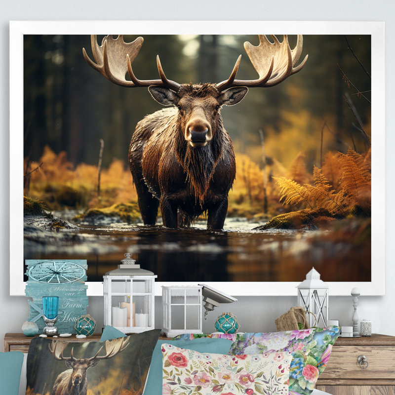 «Canada Majestic Moose III», art mural Canada large, Cadre simple blanc, H 34 po x l 44 po x P 1,5 po