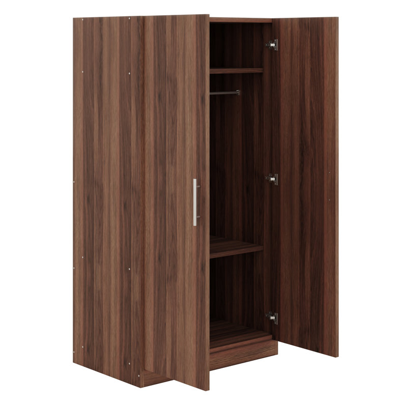 Armoire-penderie à deux portes en bois avec trois tablettes de rangement intégrées